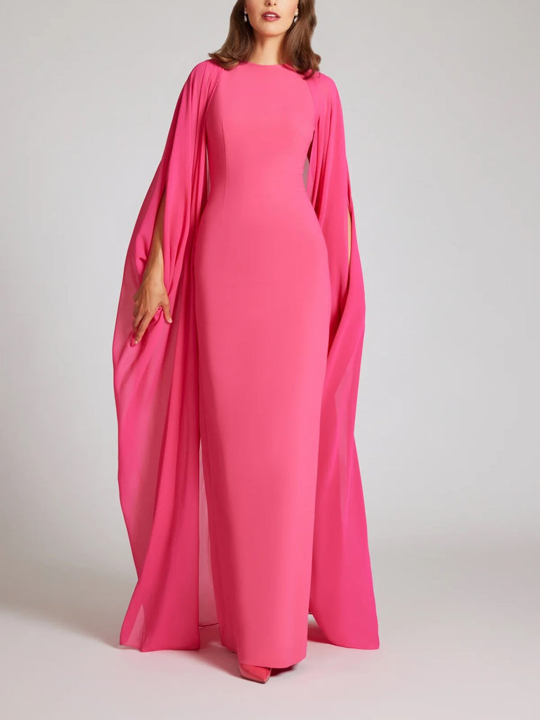 Crepe Column With Chiffon Overlay Cape Gown