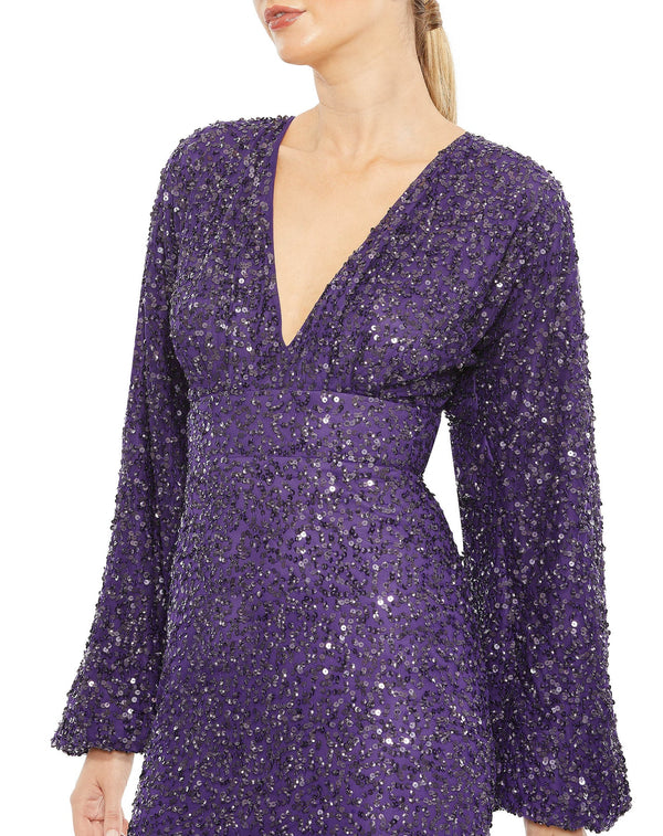 Puff Sleeve V-Neck Sequined Gown