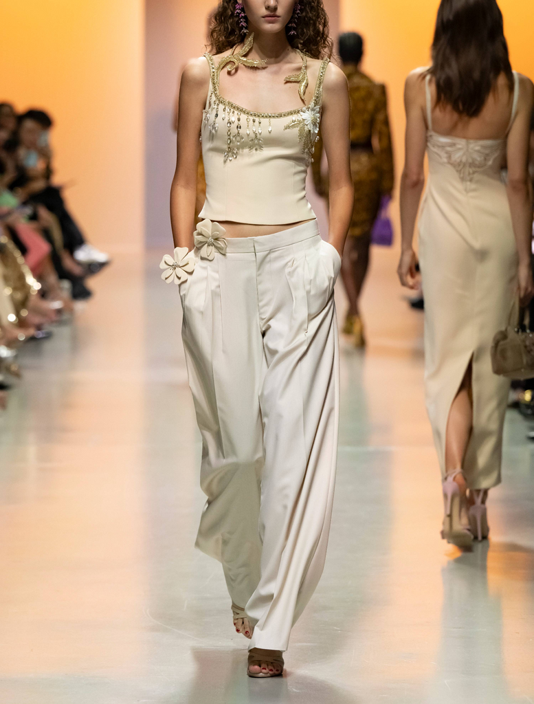 3D Daisy Embroidered Crepe Corset & Pique Pants with Beaded Neckline