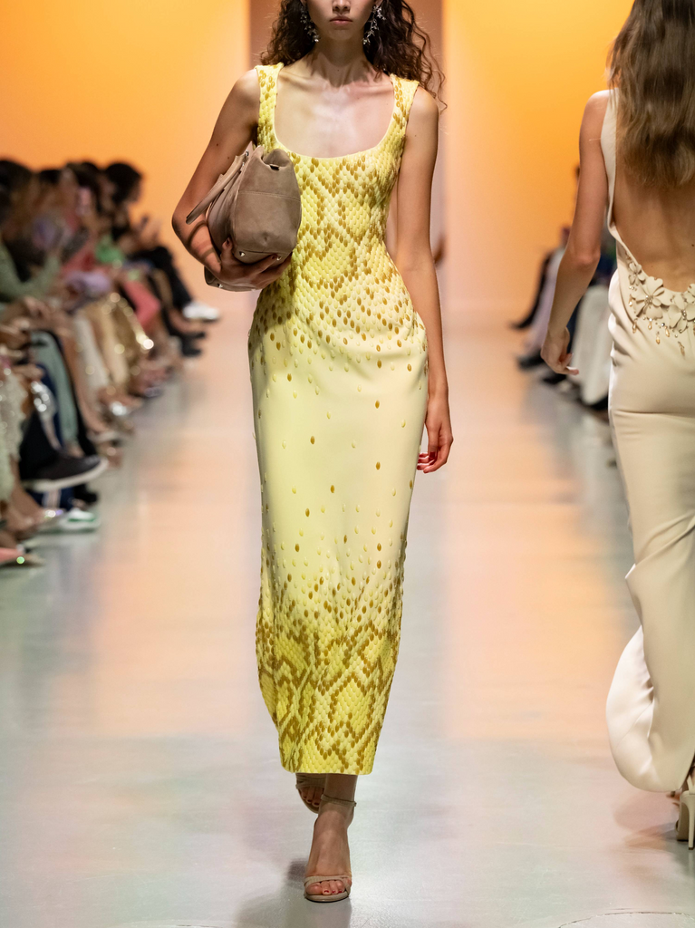 Snakeskin Textured Crepe Dress with Resin Acrylic Details