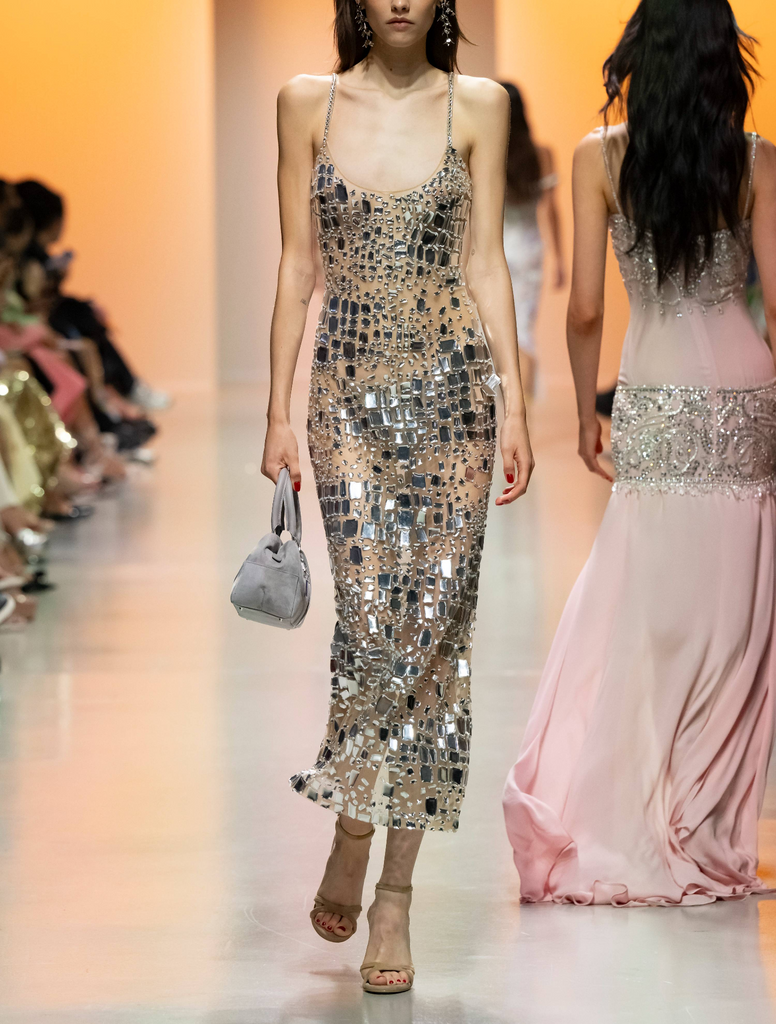 Beaded Tulle Dress Adorned with Mirror Chrome Resin Acrylics for a Mesmerizing Crocodile Texture