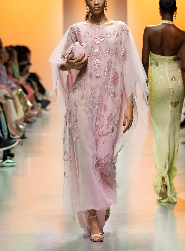 Flowy Tulle Kaftan Embellished with Resin Acrylic Flowers & Crystallized Embroidery