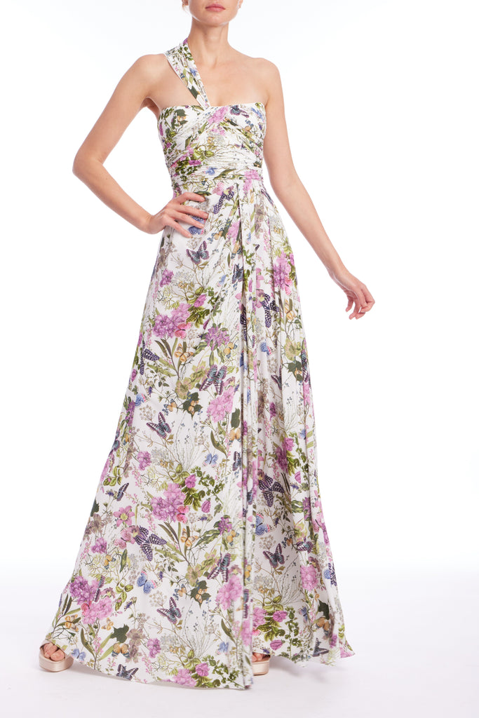 Butterfly Printed One Shoulder Gown