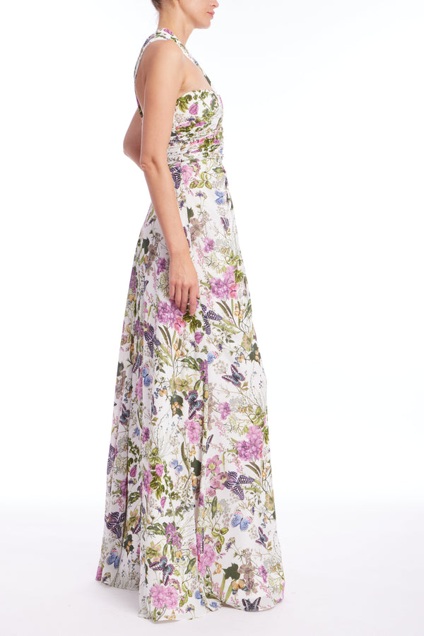 Butterfly Printed One Shoulder Gown