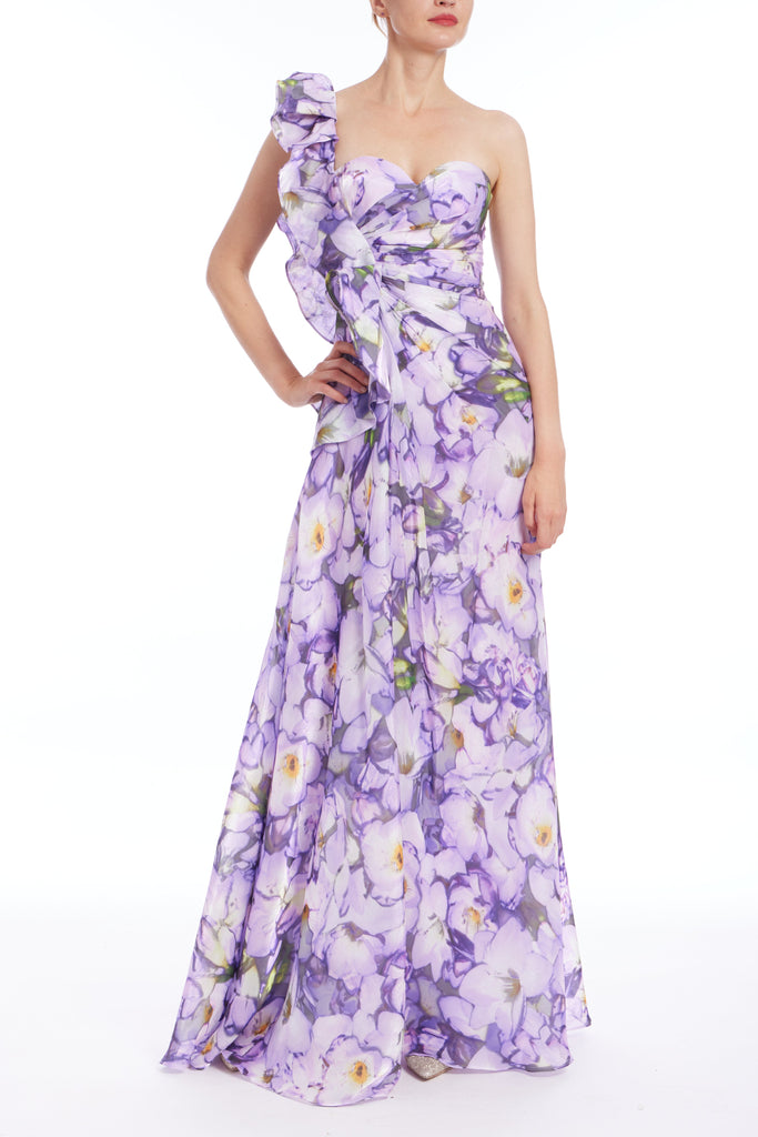 Ruffle One Shoulder Floral Gown