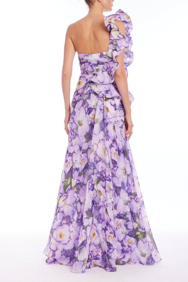 Ruffle One Shoulder Floral Gown