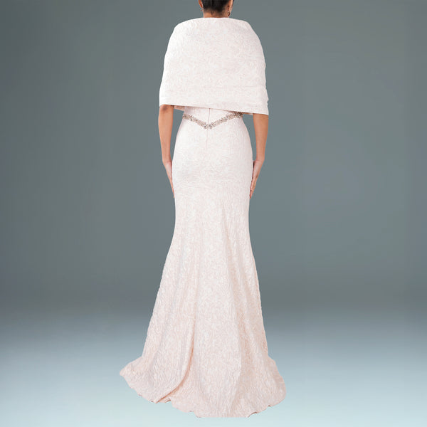 Draped off Shoulder Stretch 
Jacquard Gown