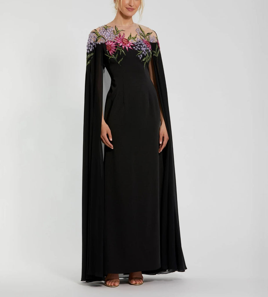 Sheer Cape Gown with Beaded Embroidery