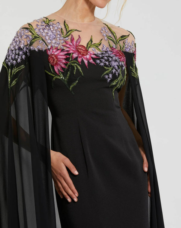 Sheer Cape Gown with Beaded Embroidery