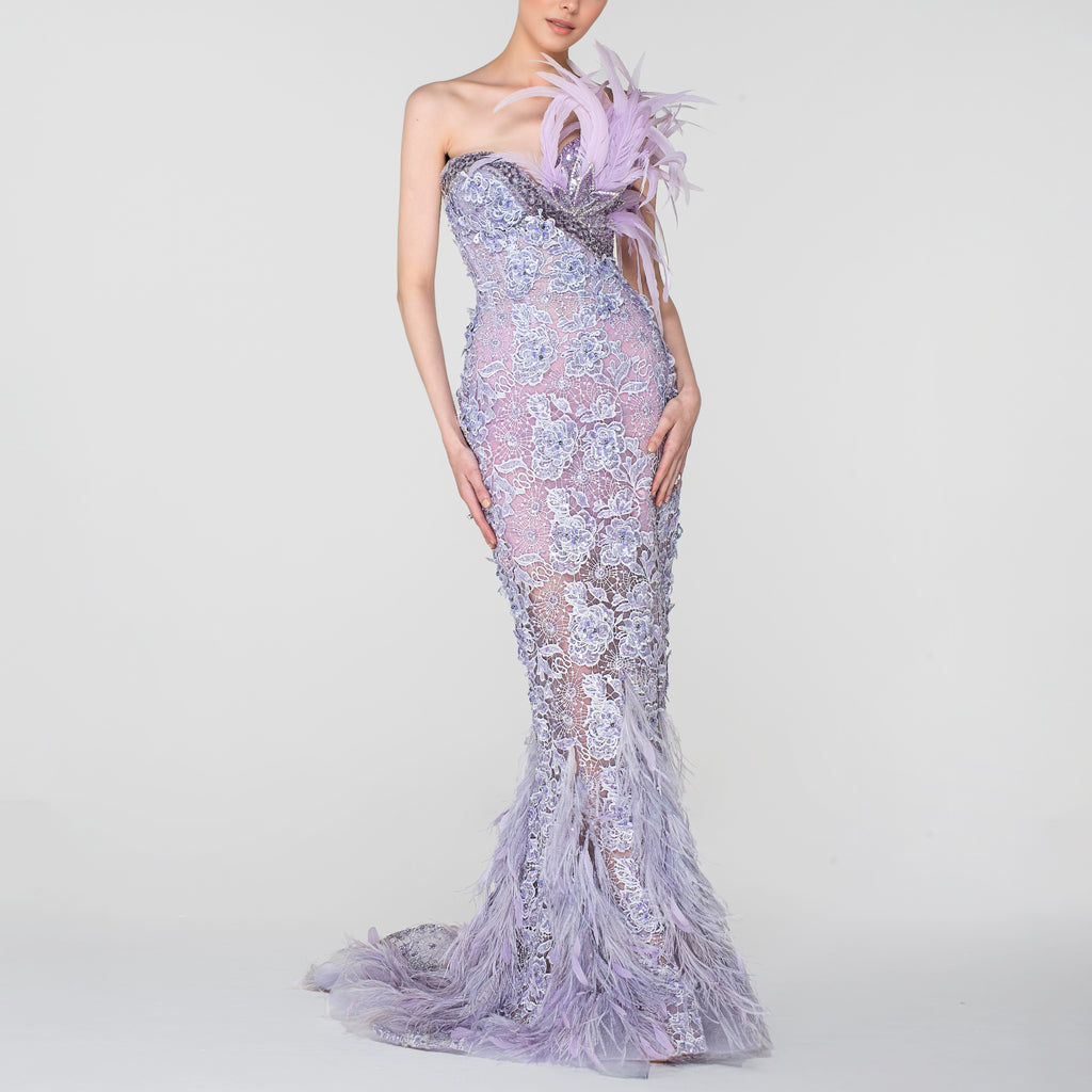 Etheral Feather-Embellished Lace Gown