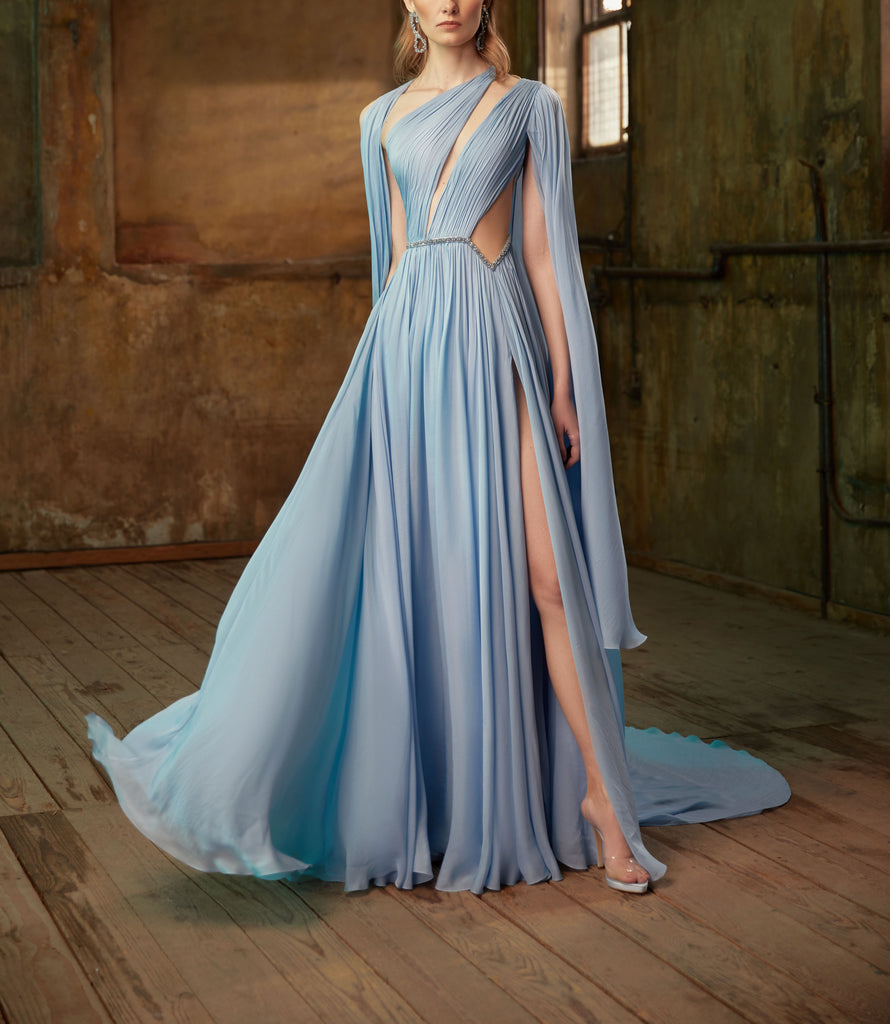 Mousseline Blue Dress with Sculptural Cutouts