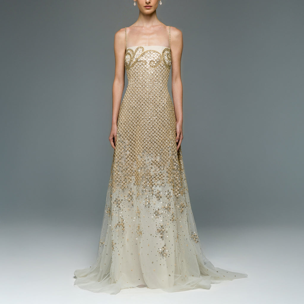 Beaded Tulle Dress with Crystallized Neckline And Floral Mesh Accents