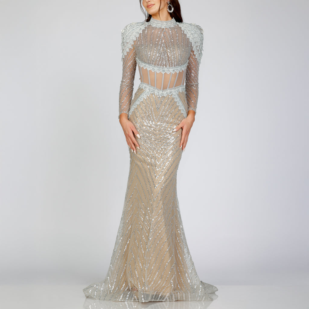 Shimmering Lace and Beaded High-Neck Gown