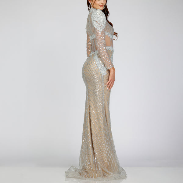 Shimmering Lace and Beaded High-Neck Gown