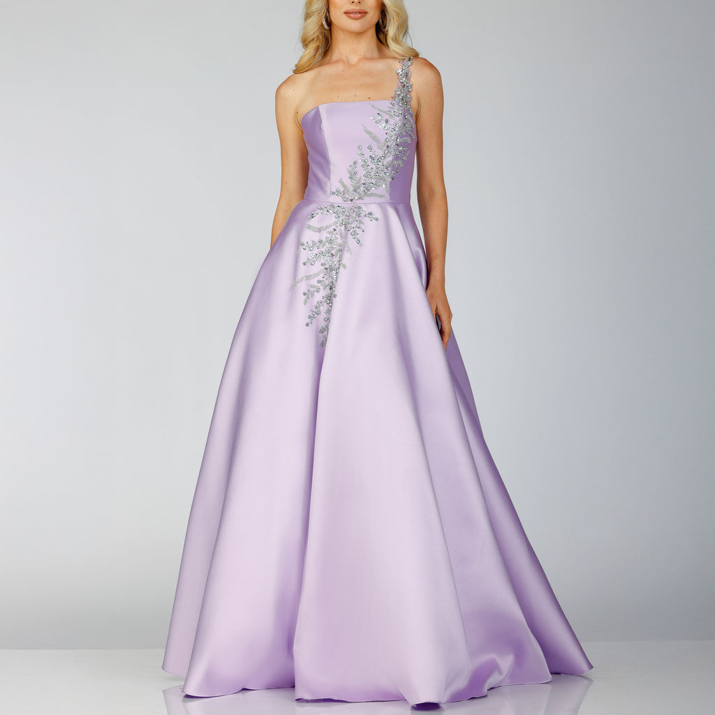 Elegant One-Shoulder Lace Appliqué Ballgown