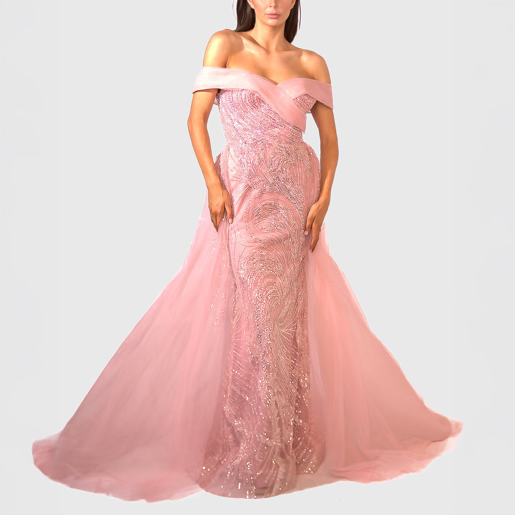 Off-shoulder Body-fitting Shimmering Floor-length Overskirt Dress