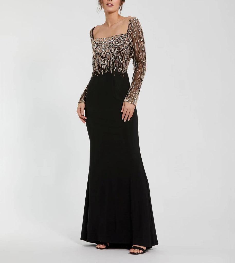 Beaded Square Neck Long Sleeve Jersey Gown