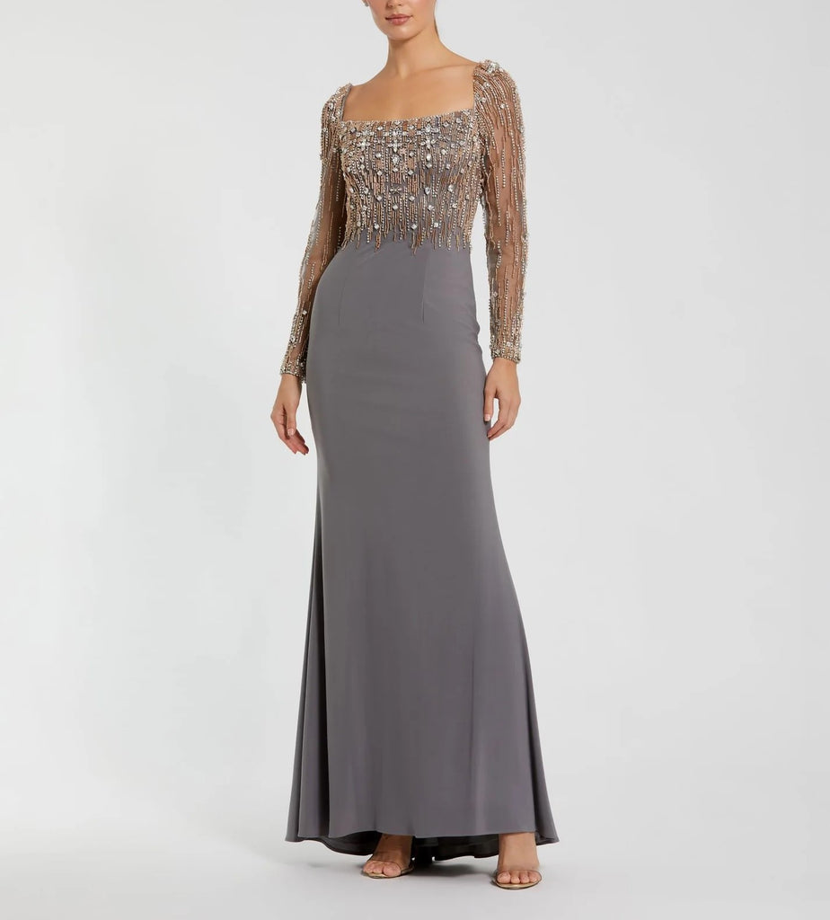 Beaded Square Neck Long Sleeve Jersey Gown