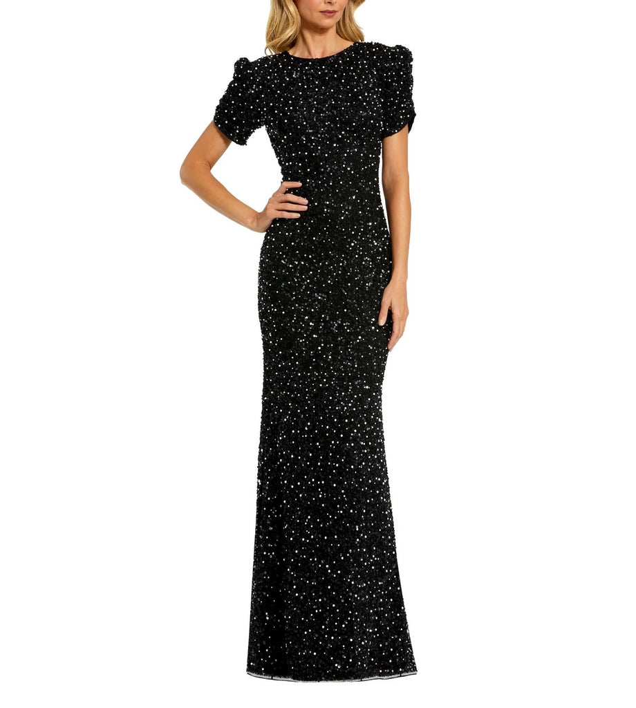 Gathered Short Sleeve Beaded Gown