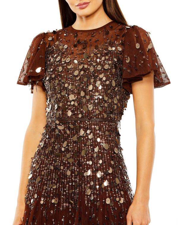 Flutter Sleeve Sheer Top Beaded Dress