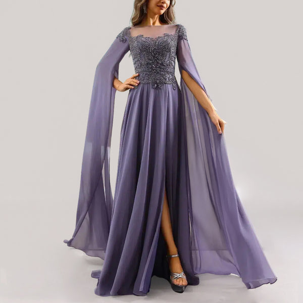 Illusion Neck Blueberry A-Line Chiffon Long Dress.