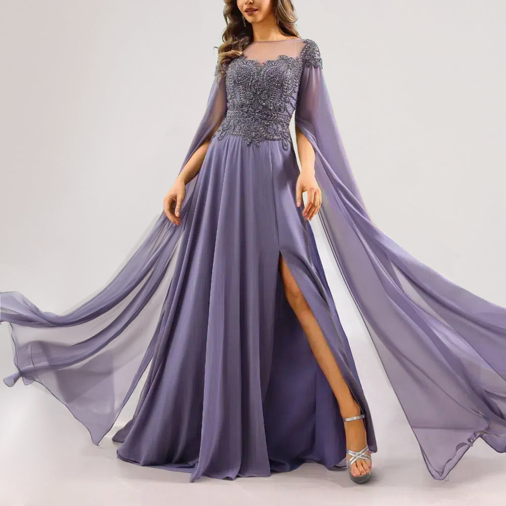 Illusion Neck Blueberry A-Line Chiffon Long Dress.