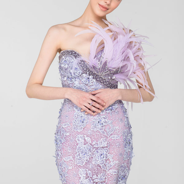 Etheral Feather-Embellished Lace Gown