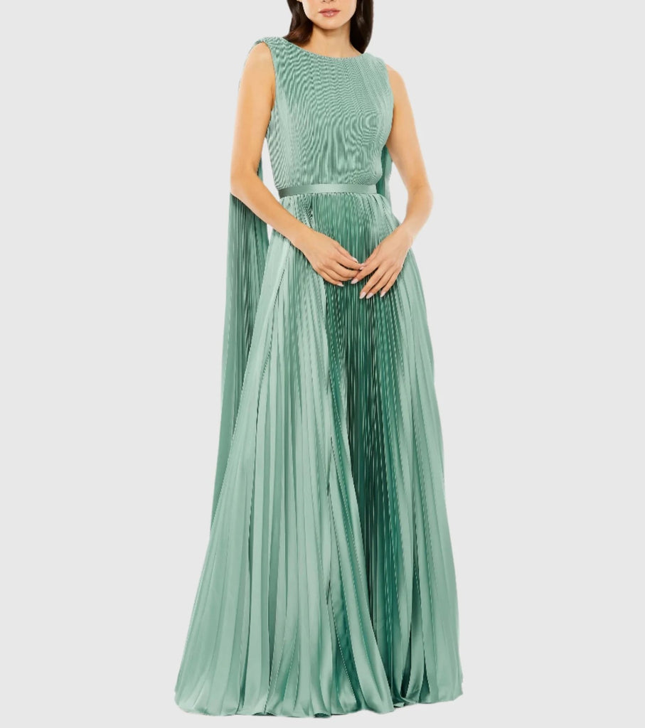 Sleeveless High Neck Cape Back Heat Pleated Gown