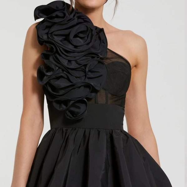 Taffeta One Shoulder Ruffle Bubble Mini Dress