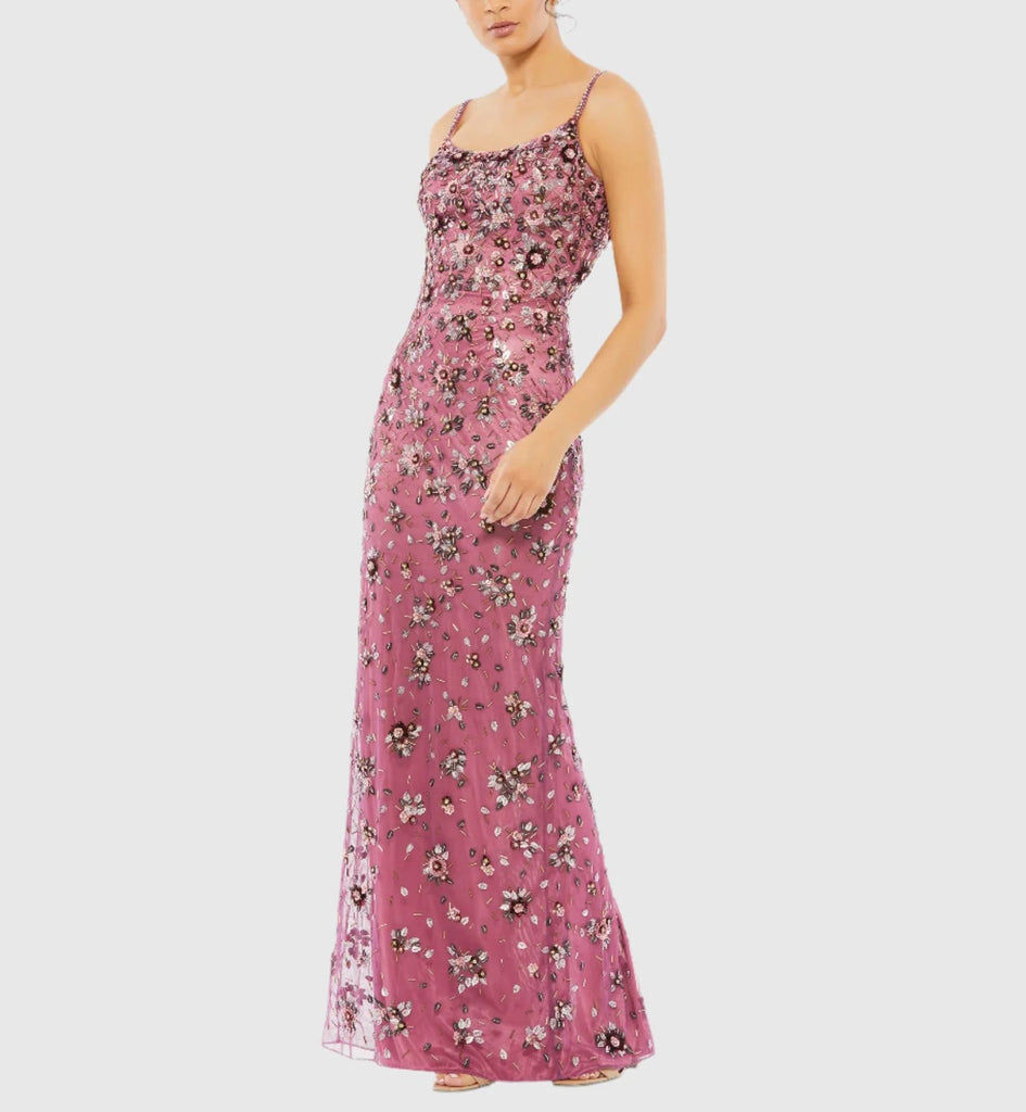 Floral Embellished Scoop Neck Long Dress