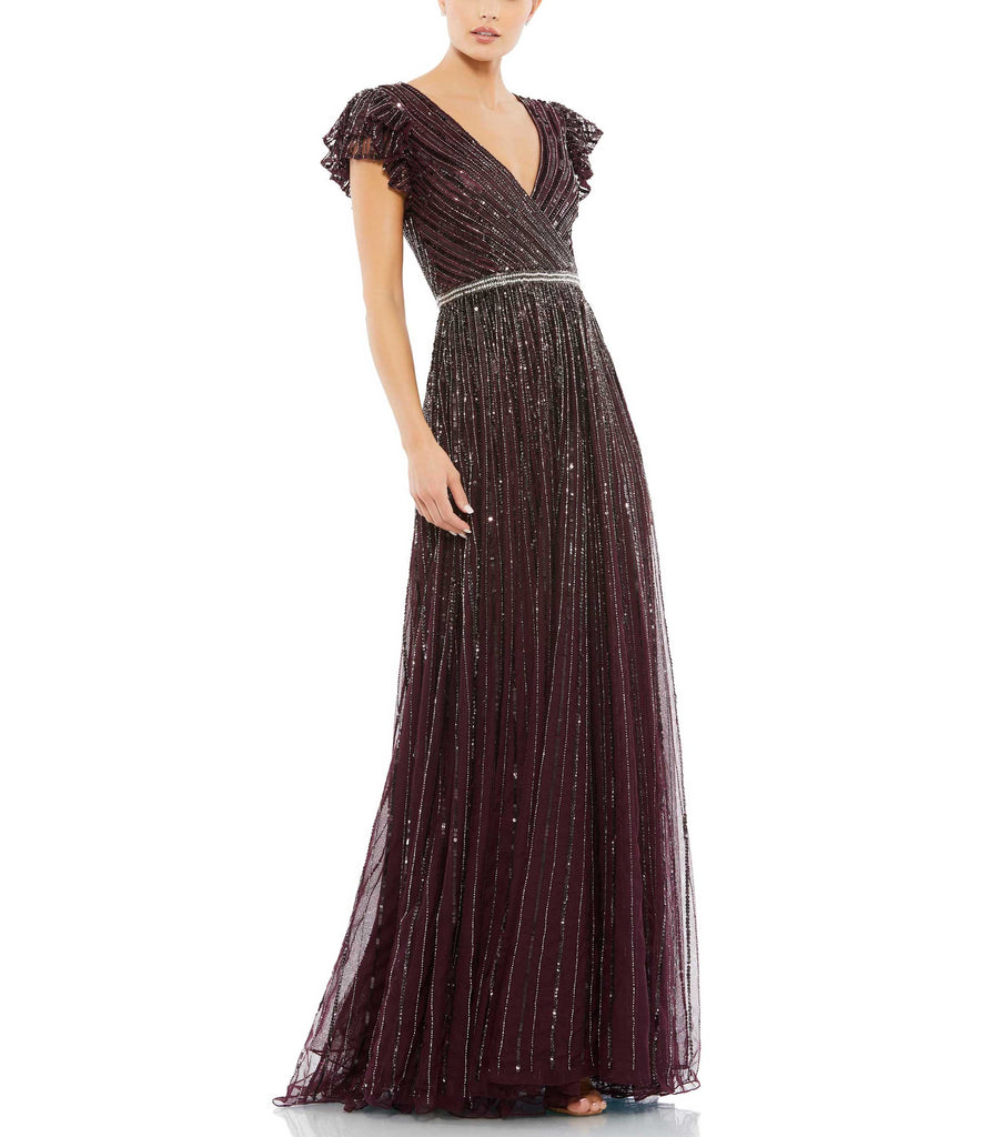 Sequined Wrap Over Ruffled Cap Sleeve Gown