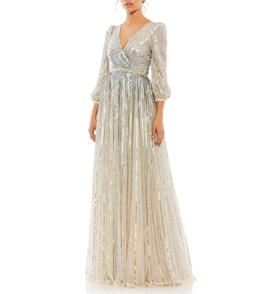 Sequined Wrap Over 3/4 Sleeve Gown