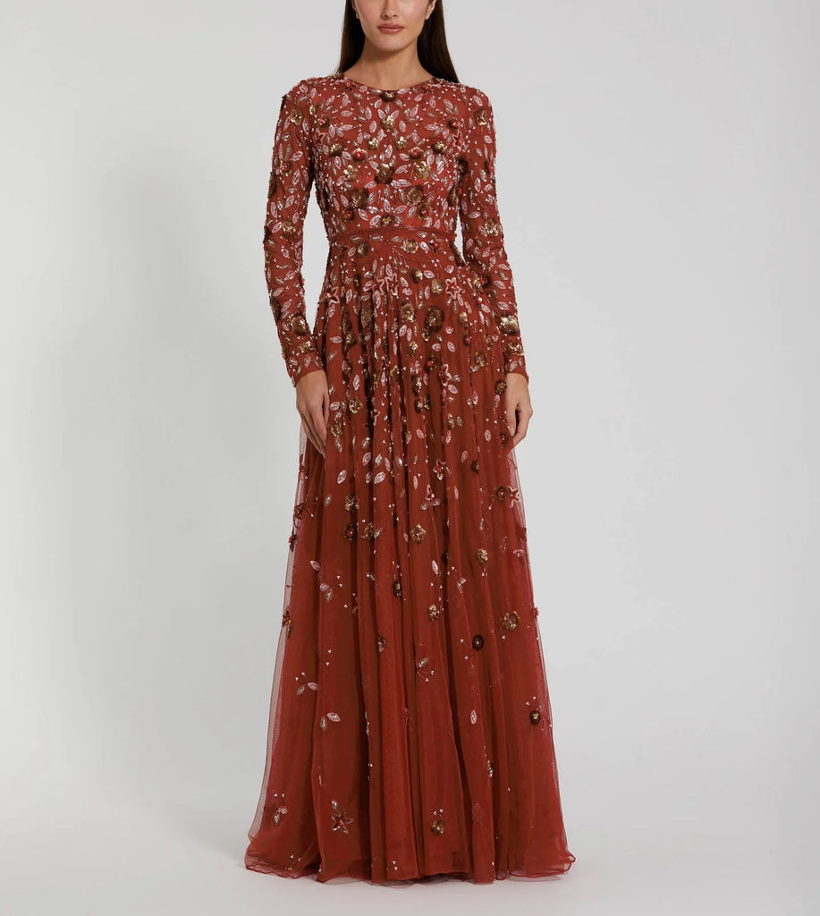 Floral Applique Long Sleeve Red Illusion Gown