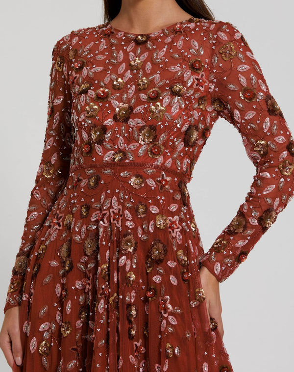 Floral Applique Long Sleeve Red Illusion Gown