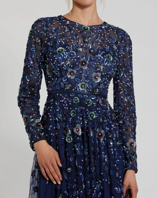 Floral Applique Long Sleeve Navy Illusion Gown