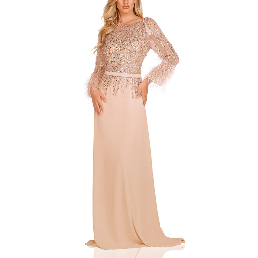 Chiffon Skirt Gown With Feather Accented Sleeves