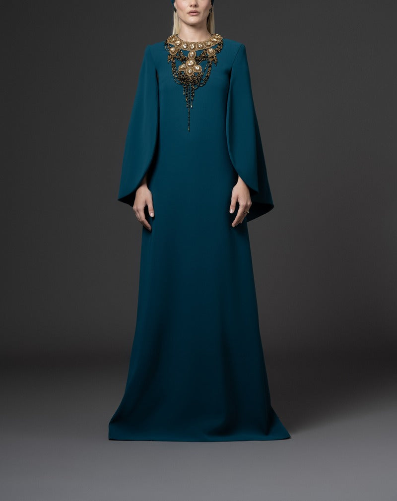 Teal Kaftan with embroidered neckline