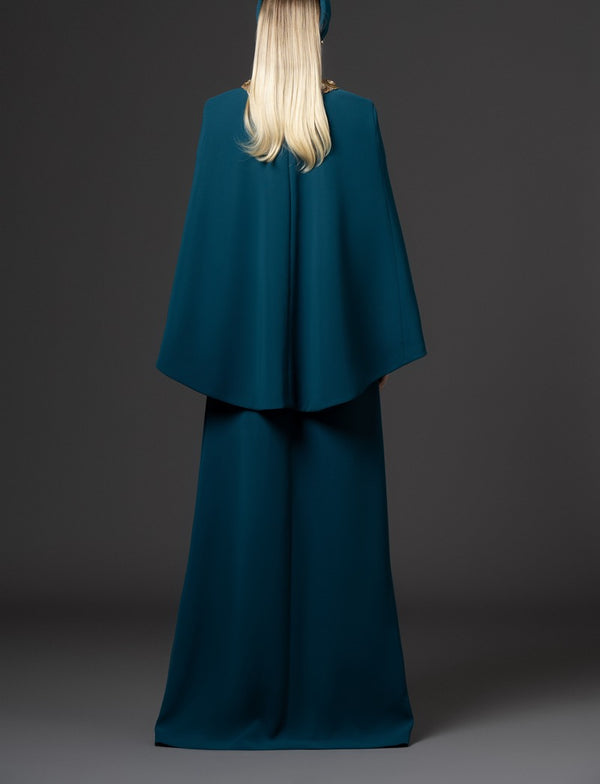 Teal abaya with embroidered neckline