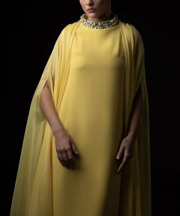 Yellow abaya with embroidered neckline and cape  sleeves