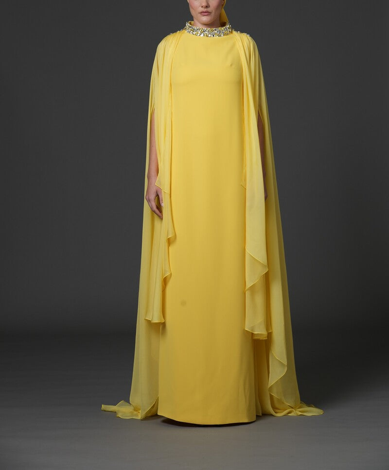 Yellow Kaftan with embroidered neckline and cape  sleeves