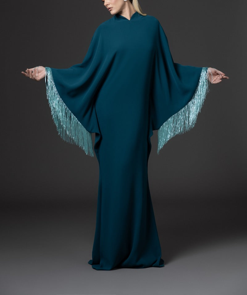 Teal abaya with layered beaded fringes