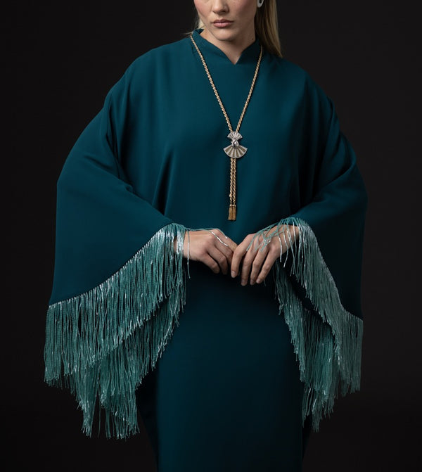 Teal Kaftan with layered beaded fringes