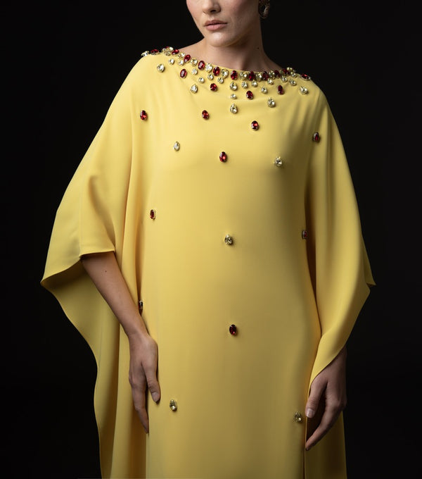 Yellow Kaftan with crystal drop embroidery