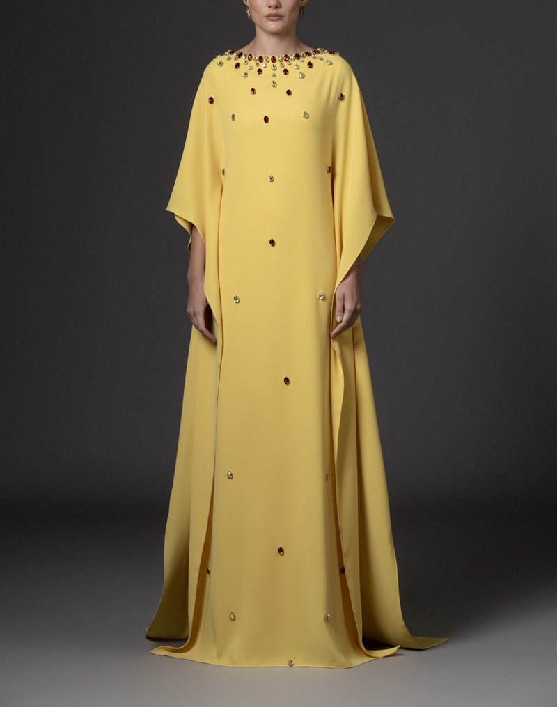 Yellow abaya with crystal drop embroidery