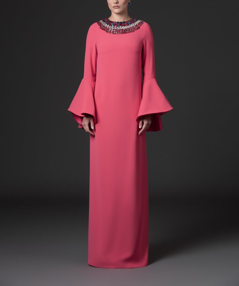 Coral abaya with embroidered neckline and bell  sleeves