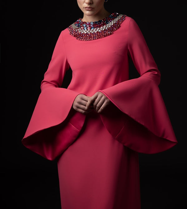 Coral abaya with embroidered neckline and bell  sleeves