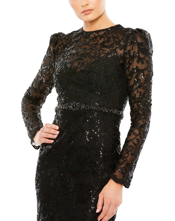 Embellished High Neck Long Sleeve Gown