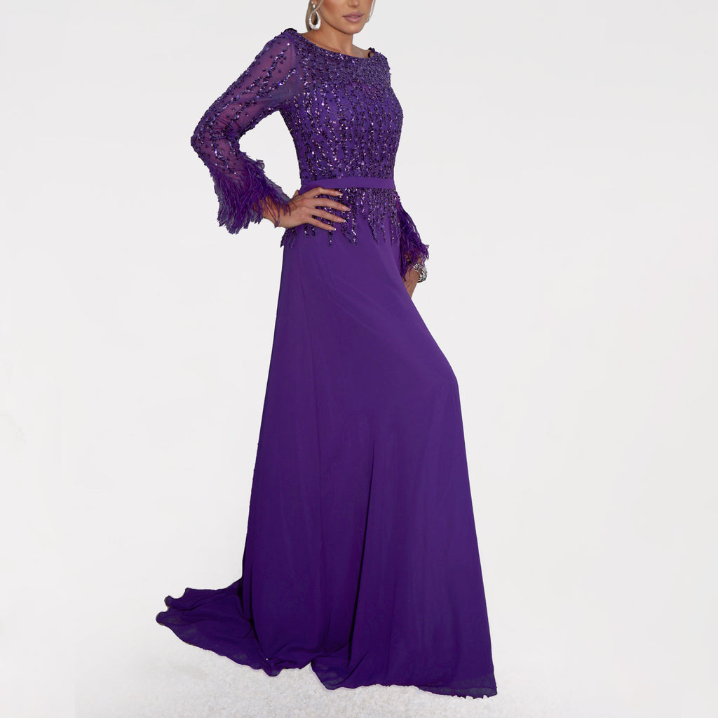 Eggplant Chiffon Skirt Gown With Feather Accented Sleeves