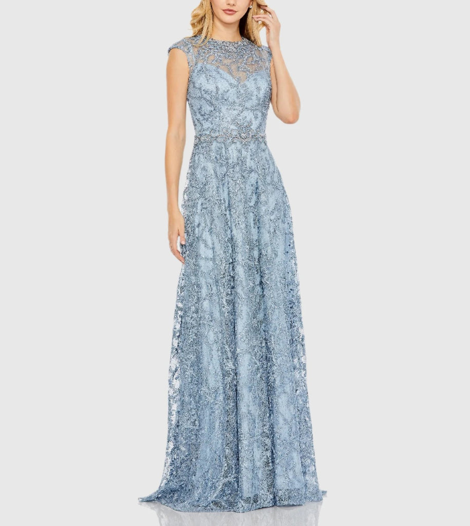 Embroidered Cap Sleeve A Line Gown