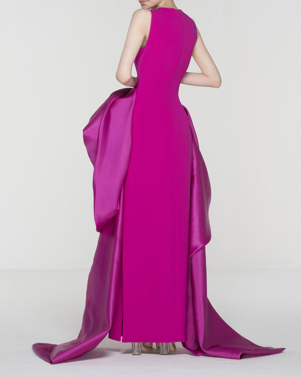 Elegant Fuchsia Flow Dress with Sculpted Flower on the Waist